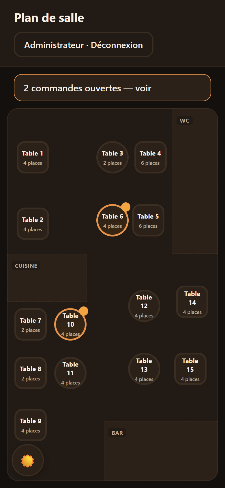 Plan de salle : tables occupées repérées en un coup d'œil.