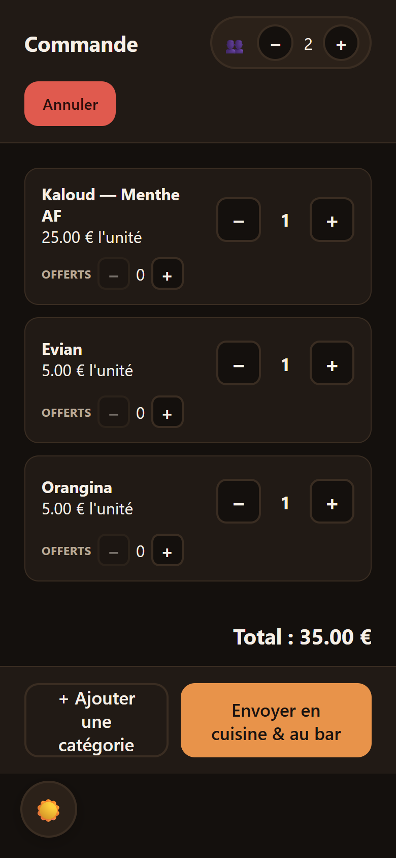 Récapitulatif : quantités, offerts et total avant l'envoi.