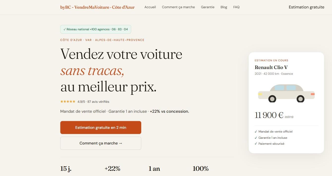 Page d'accueil VendreMaVoiture Côte d'Azur